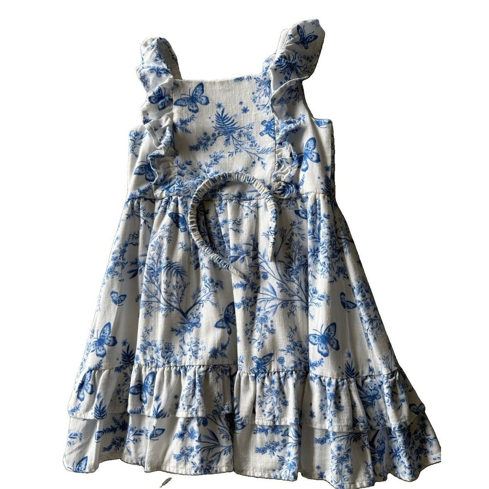 Btween Girls Blue Toile de Jouy Tiered Dress with Headband Set - Size 5
